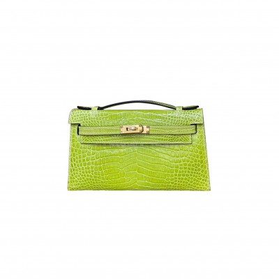 HERMÈS MASTER KELLY POCHETTE SHINY CROCODILE LEATHER COLOR KIWI GREEN GOLD BUCKLE (22*14*7cm) 
